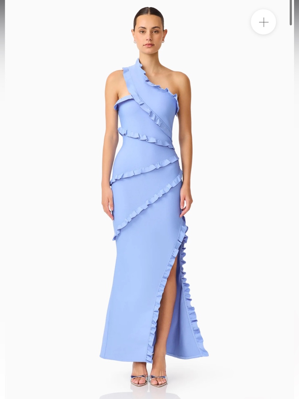 elliatt floriana blue asymmetrical one shoulder ruflle maxi gown dress large NEW